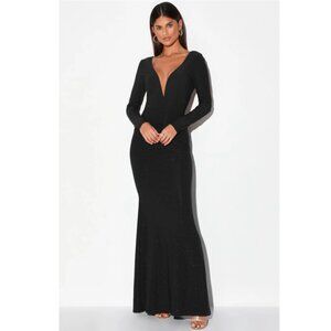 Lulus Deep Plunge Sparkly Fitted Backless Black Maxi Dress Gown Small NWT